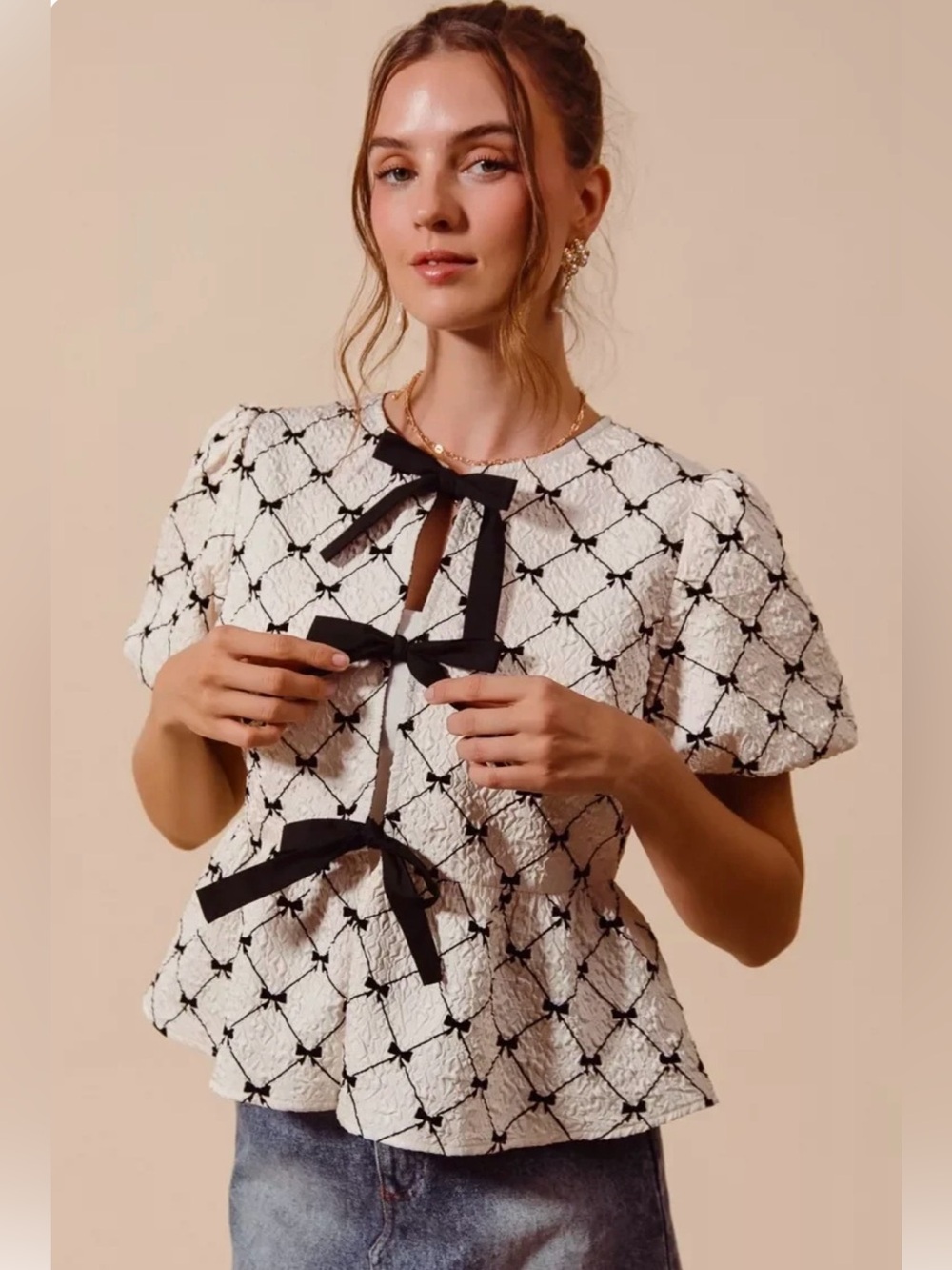 SO ME Bow Texture Woven Peplum Top With Contrast Tie